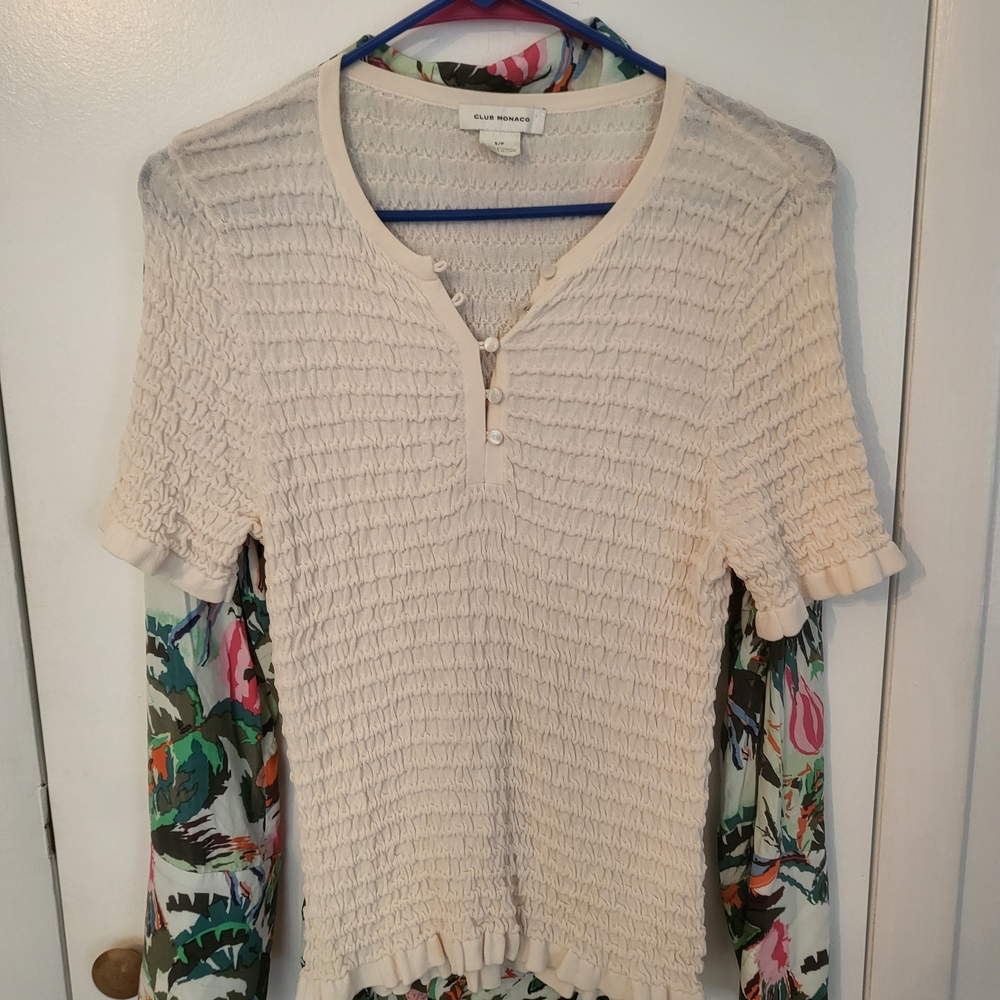 Club Monaco Pucker Stitch Button Front Cream Textured Blouse